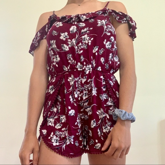 Burgundy Floral Off-The-Shoulder Romper - Picture 3 of 3